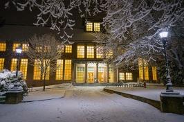 Entrance to Dimond Library with a dusting of snow